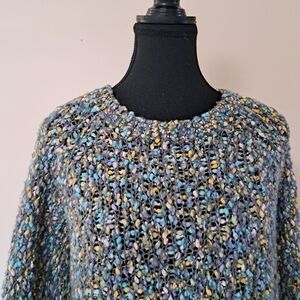 Forever 21 Knit Sweater Size Large Cozy Yellow Blue Grey Confetti Popcorn Knit